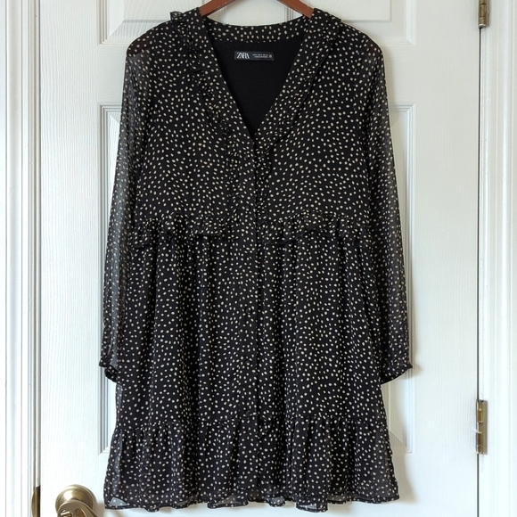 Zara Dresses & Skirts - Zara Speckled Ruffled Trim V-neck Long Sleeve Button Down Mini Dress Black Small